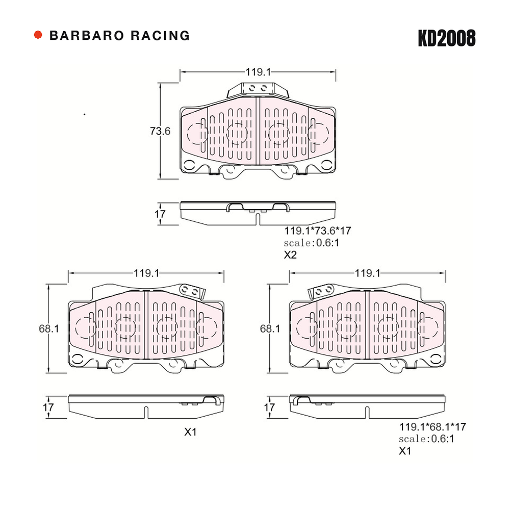 Barbaro Racing KD2008 brake pad shape drawing - 119.1 x 73.6 x 17 mm
