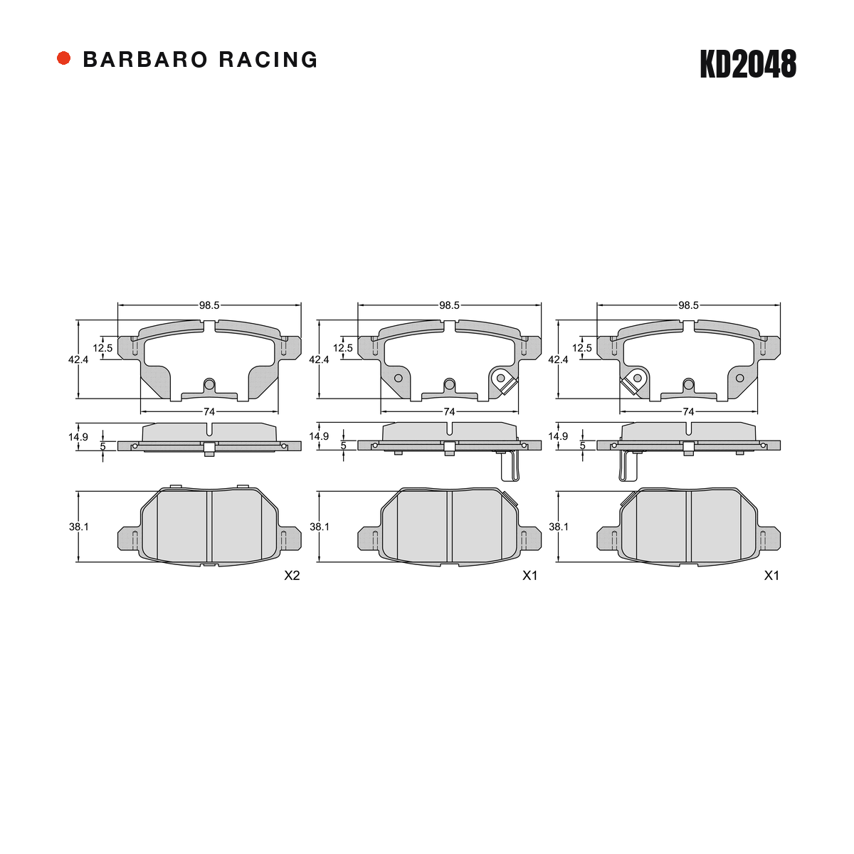 Barbaro Racing KD2048 brake pad shape drawing - 98.5 x 42.4 x 14.9 mm