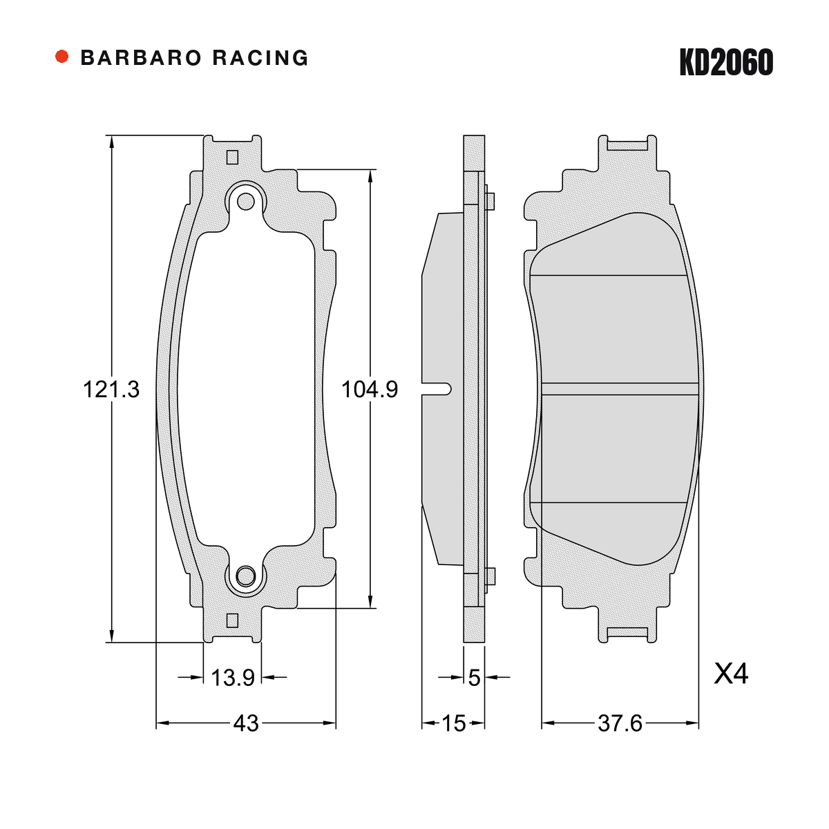Barbaro Racing KD2060 brake pad shape drawing - 121.3 x 43 x 15 mm