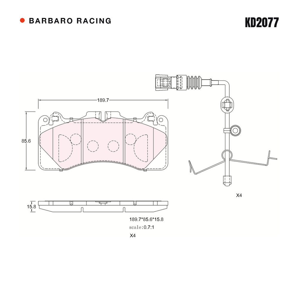 Barbaro Racing KD2077 brake pad shape drawing - 189.7 x 85.6 x 15.8 mm
