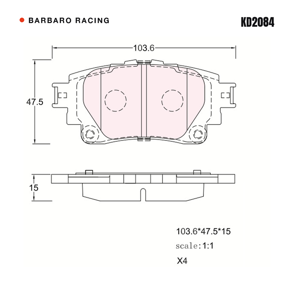 Barbaro Racing KD2084 brake pad shape drawing - 103.6 x 47.5 x 15 mm