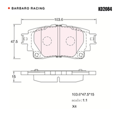 Barbaro Racing KD2084 brake pad shape drawing - 103.6 x 47.5 x 15 mm