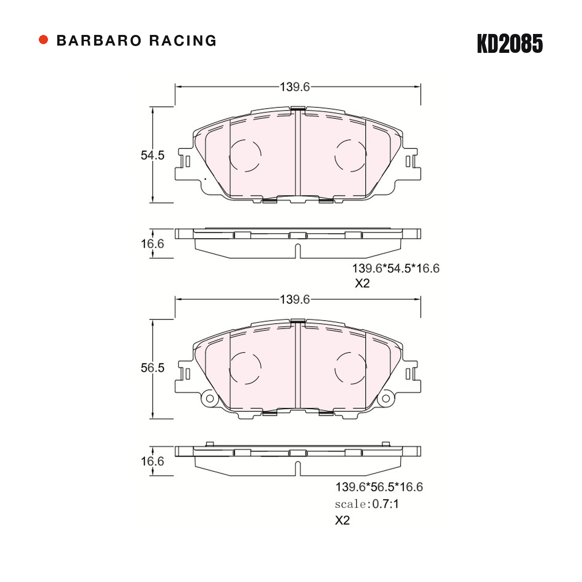 Barbaro Racing KD2085 brake pad shape drawing - 139.6 x 54.5 x 16.6 mm