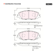 Barbaro Racing KD2085 brake pad shape drawing - 139.6 x 54.5 x 16.6 mm