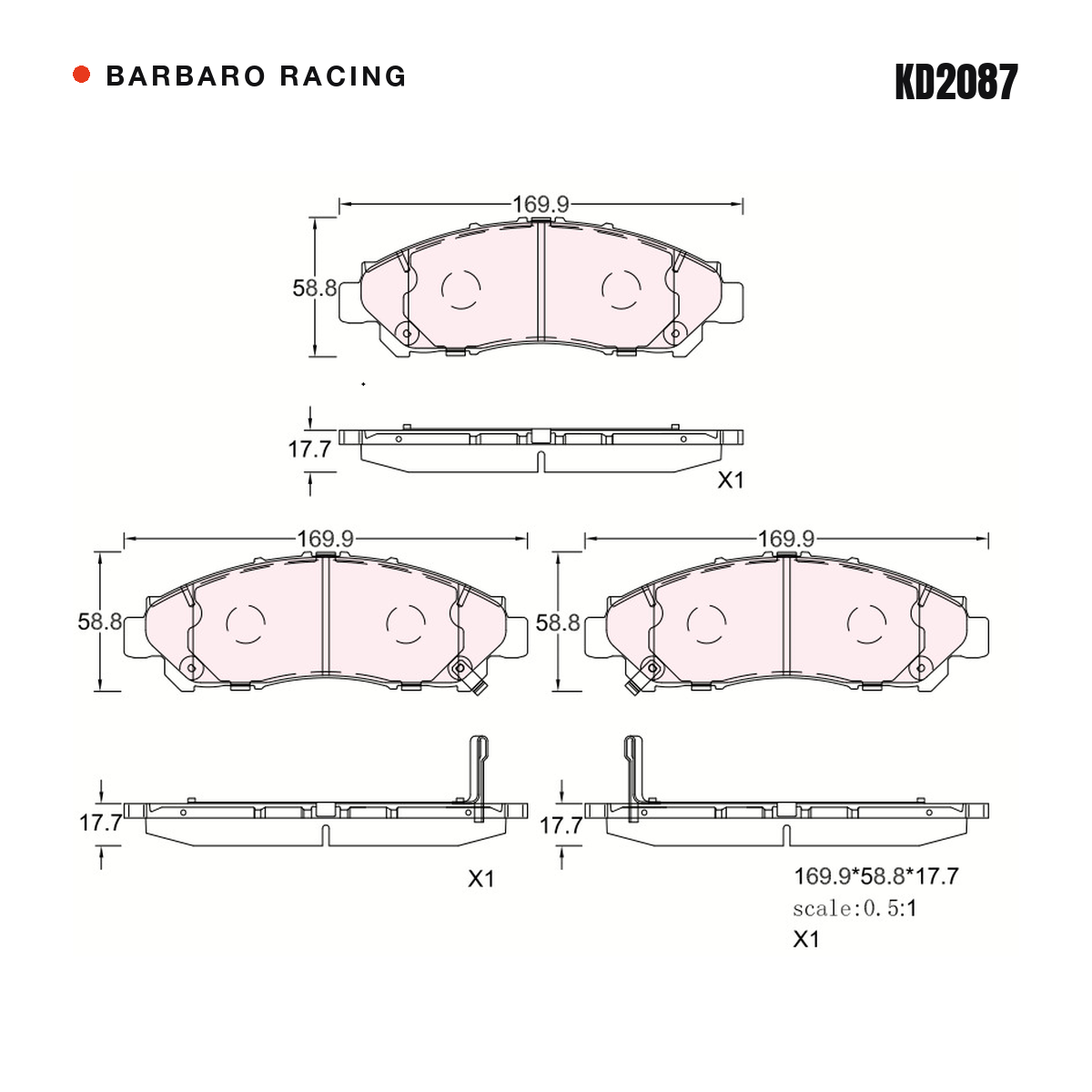 Barbaro Racing KD2087 brake pad shape drawing - 169.9 x 58.8 x 17.7 mm