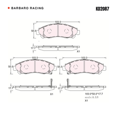 Barbaro Racing KD2087 brake pad shape drawing - 169.9 x 58.8 x 17.7 mm