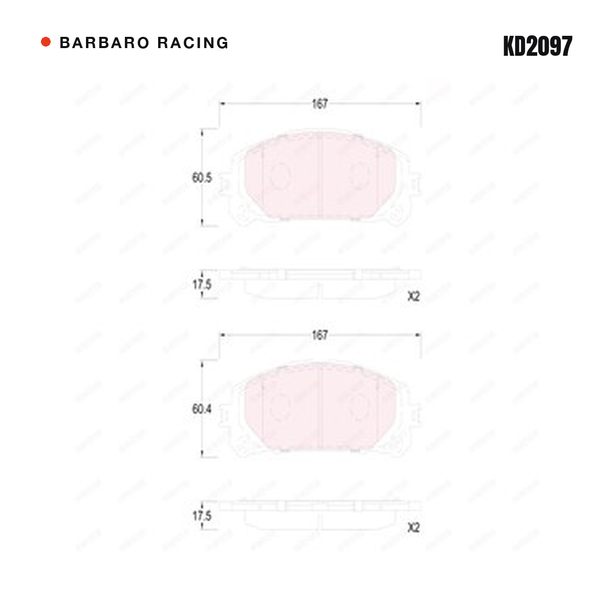 Barbaro Racing KD2097 brake pad shape drawing - 167 x 60.5 x 17.5 mm