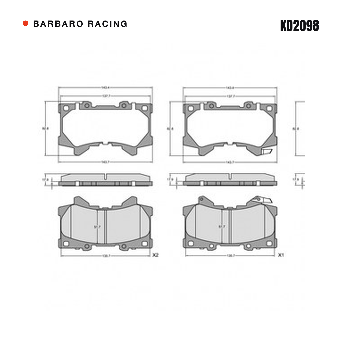 Barbaro Racing KD2098 brake pad shape drawing - 143.4 x 82.8 x 17.8 mm