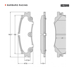 Barbaro Racing KD2099 brake pad shape drawing - 142.7 x 47.6 x 15 mm