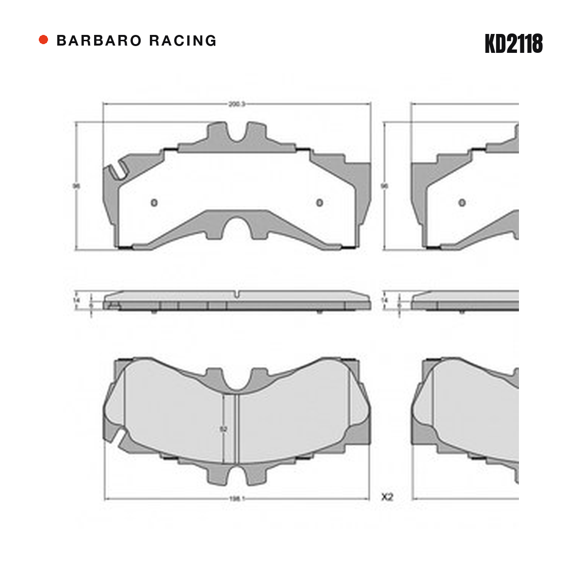 Barbaro Racing KD2118 brake pad shape drawing - 200.3 x 96 x 14 mm
