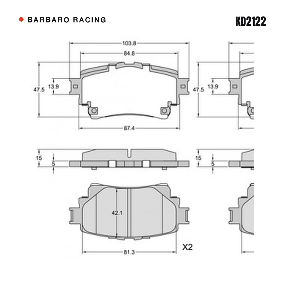 Barbaro Racing KD2122 brake pad shape drawing - 103.8 x 47.5 x 15 mm