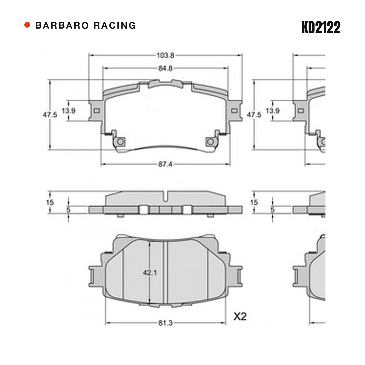 Barbaro Racing KD2122 brake pad shape drawing - 103.8 x 47.5 x 15 mm