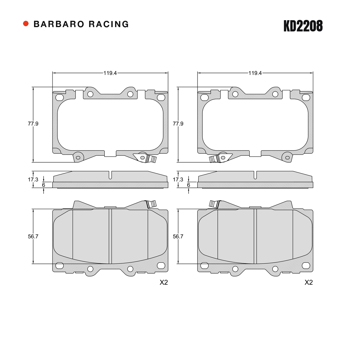 Barbaro Racing KD2208 brake pad shape drawing - 119.4 x 77.8 x 17.3 mm