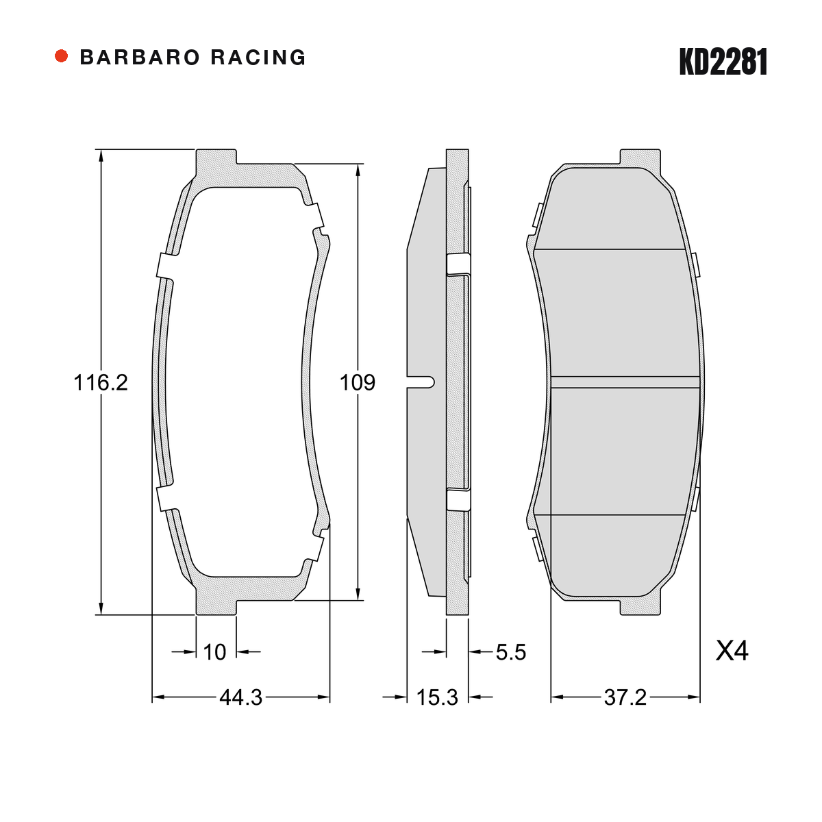 Barbaro Racing KD2281 brake pad shape drawing - 116.2 x 44.2 x 15.3 mm