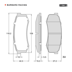 Barbaro Racing KD2281 brake pad shape drawing - 116.2 x 44.2 x 15.3 mm