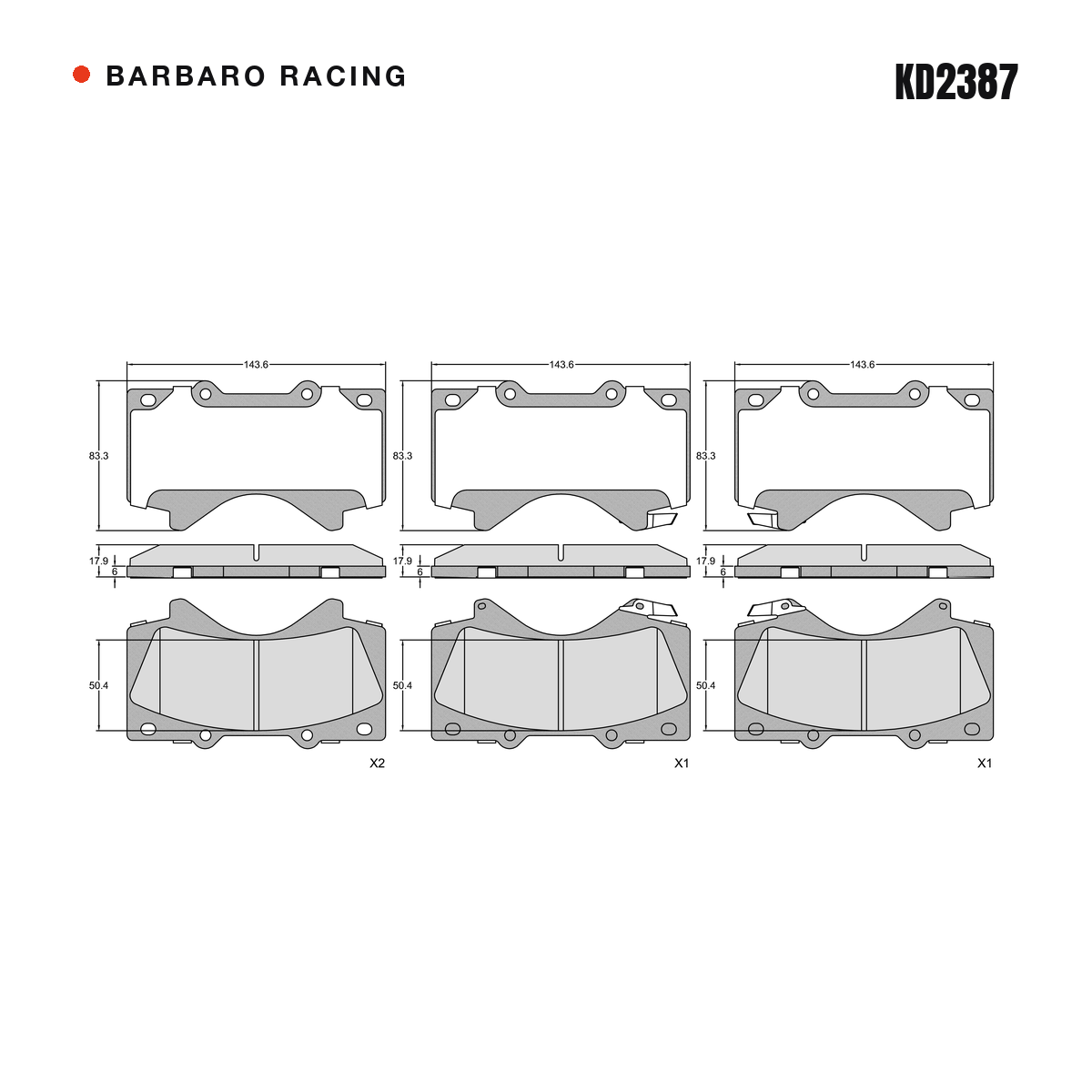 Barbaro Racing KD2387 brake pad shape drawing - 143.7 x 83.2 x 17.9 mm