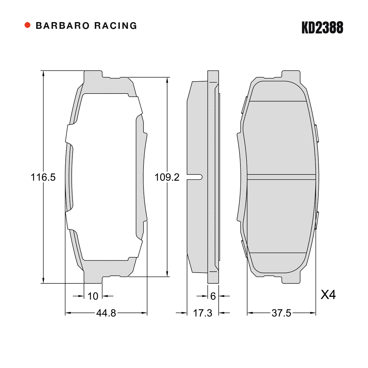 Barbaro Racing KD2388 brake pad shape drawing - 116.5 x 44.9 x 17.3 mm