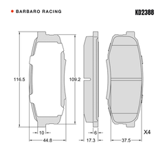 Barbaro Racing KD2388 brake pad shape drawing - 116.5 x 44.9 x 17.3 mm