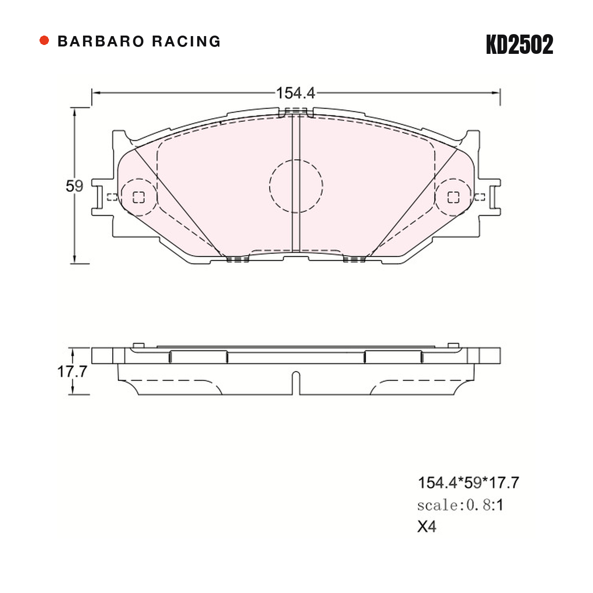 Barbaro Racing KD2502 brake pad shape drawing - 154.6 x 58.9 x 17.7 mm