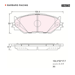 Barbaro Racing KD2502 brake pad shape drawing - 154.6 x 58.9 x 17.7 mm