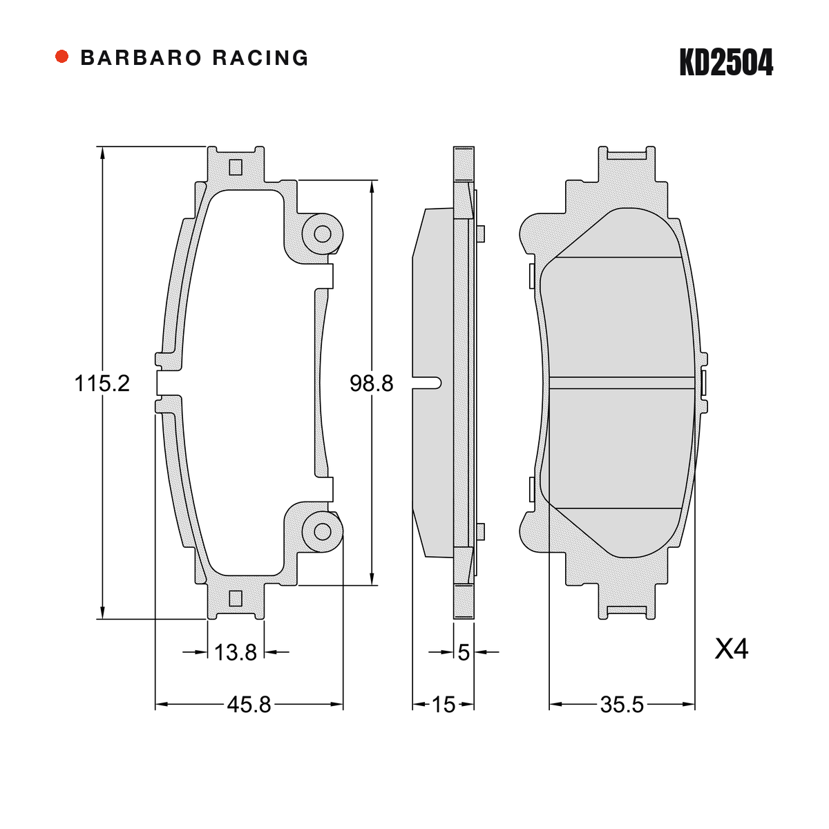 Barbaro Racing KD2504 brake pad shape drawing - 115.2 x 45.8 x 15 mm