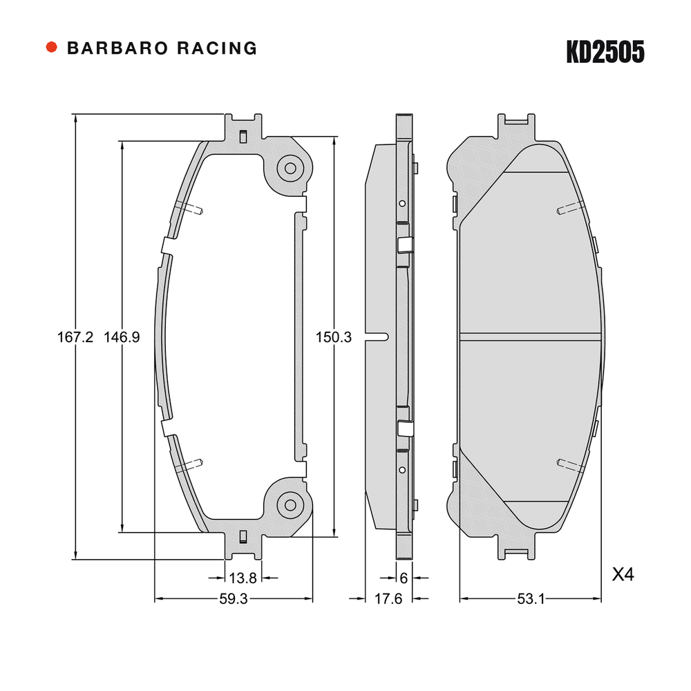 Barbaro Racing KD2505 brake pad shape drawing - 167.2 x 59.4 x 17.6 mm