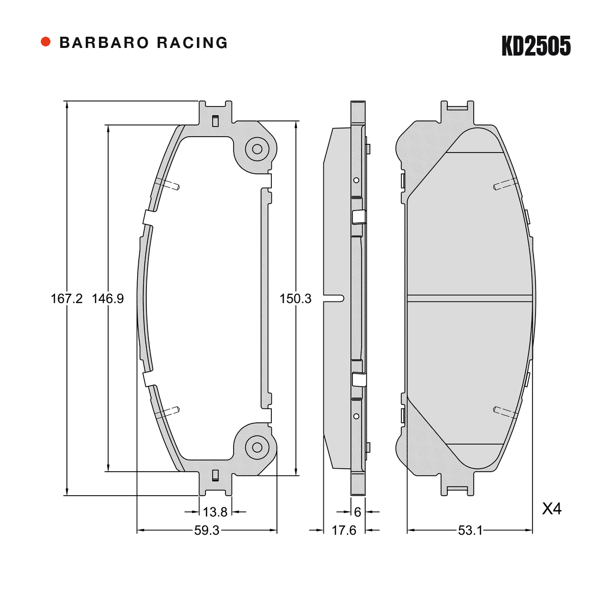 Barbaro Racing KD2505 brake pad shape drawing - 167.2 x 59.4 x 17.6 mm