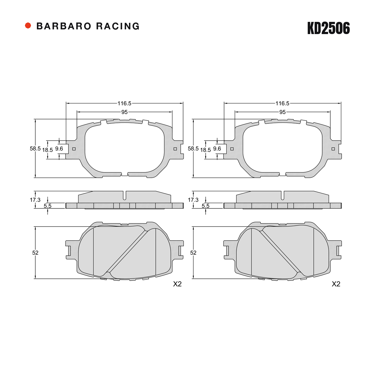 Barbaro Racing KD2506 brake pad shape drawing - 117.5 x 58.4 x 17.3 mm