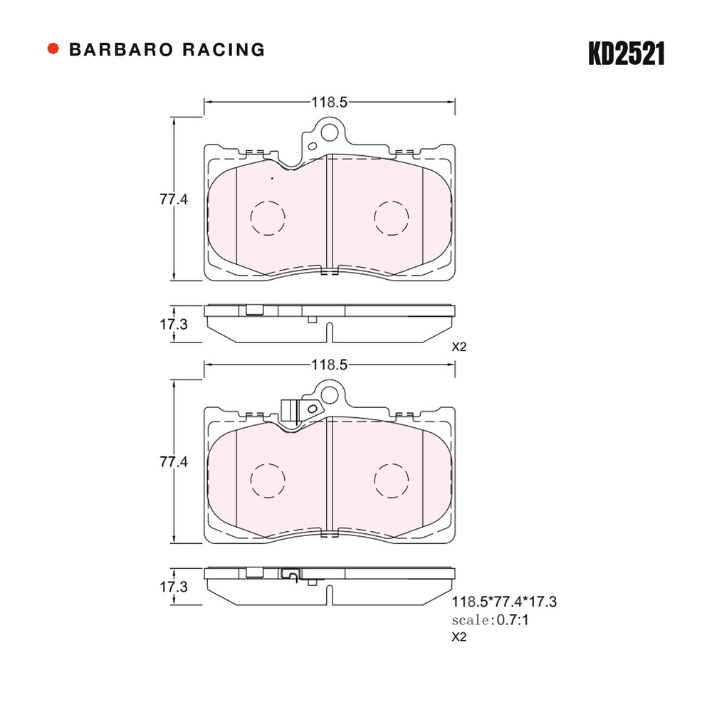 Barbaro Racing KD2521 brake pad shape drawing - 118.6 x 77.5 x 17.3 mm