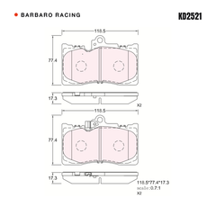 Barbaro Racing KD2521 brake pad shape drawing - 118.6 x 77.5 x 17.3 mm