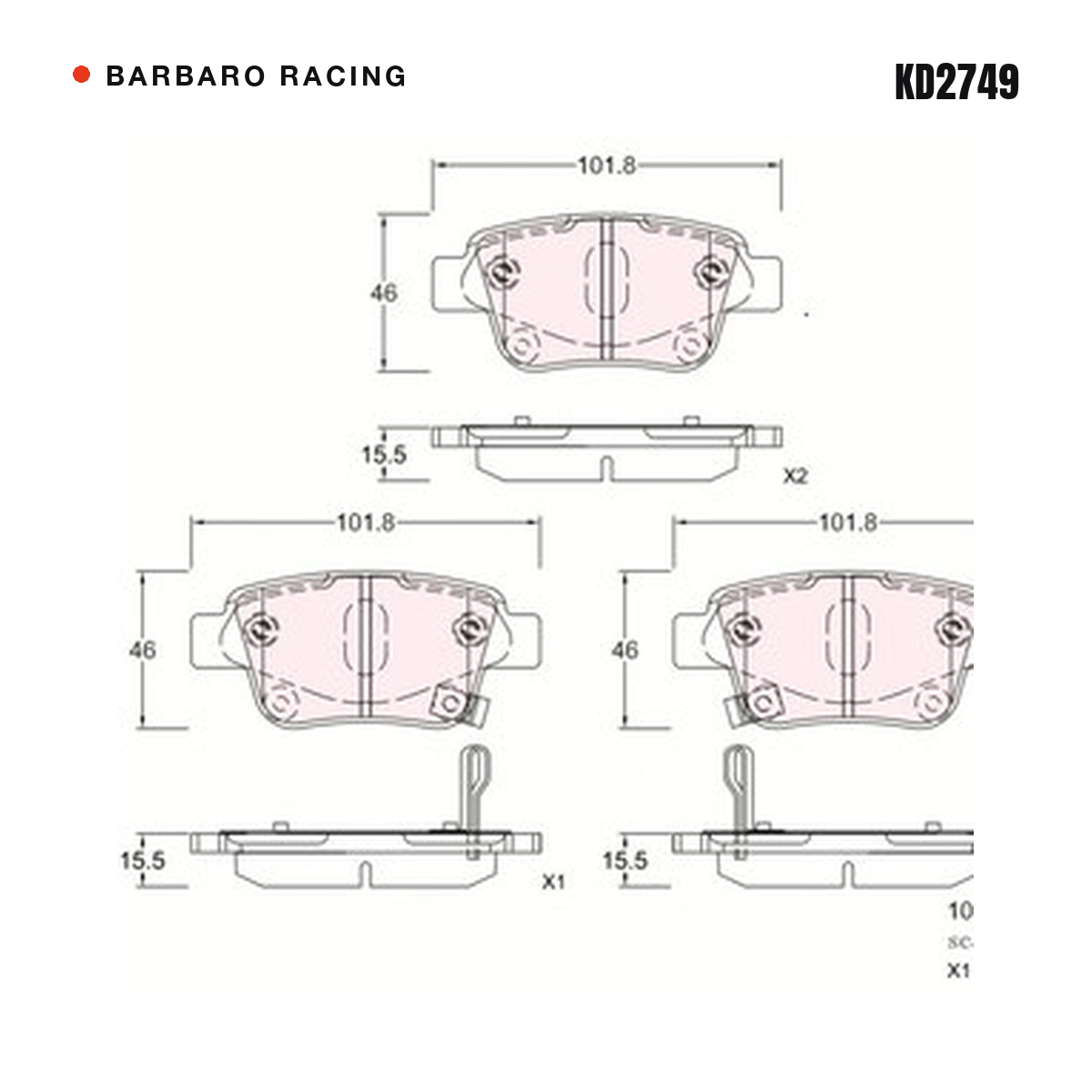 Barbaro Racing KD2749 brake pad shape drawing - 101.8 x 46 x 15.5 mm