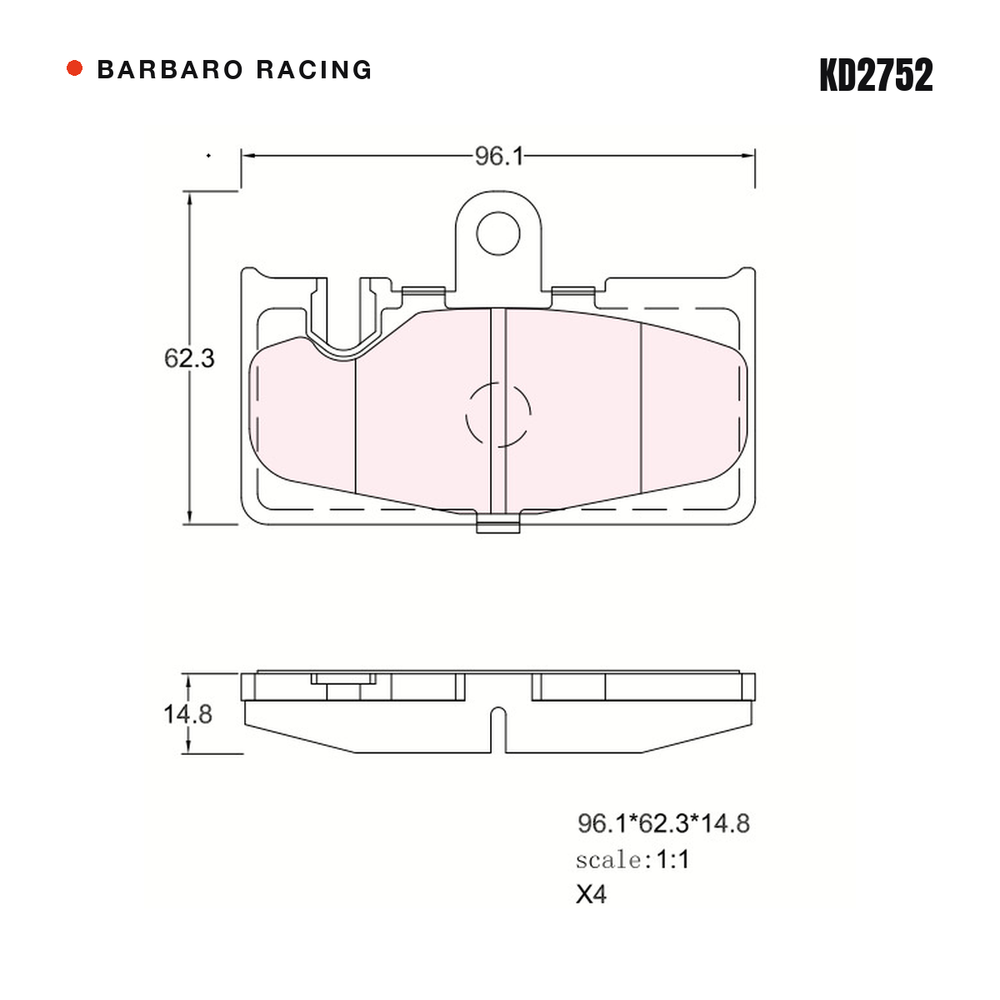 Barbaro Racing KD2752 brake pad shape drawing - 96.1 x 62.3 x 14.8 mm