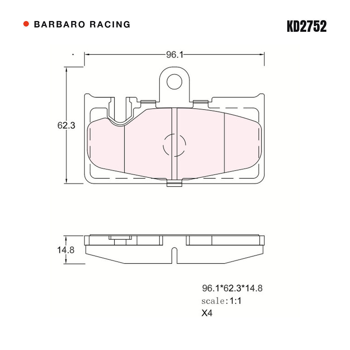Barbaro Racing KD2752 brake pad shape drawing - 96.1 x 62.3 x 14.8 mm