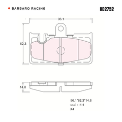 Barbaro Racing KD2752 brake pad shape drawing - 96.1 x 62.3 x 14.8 mm