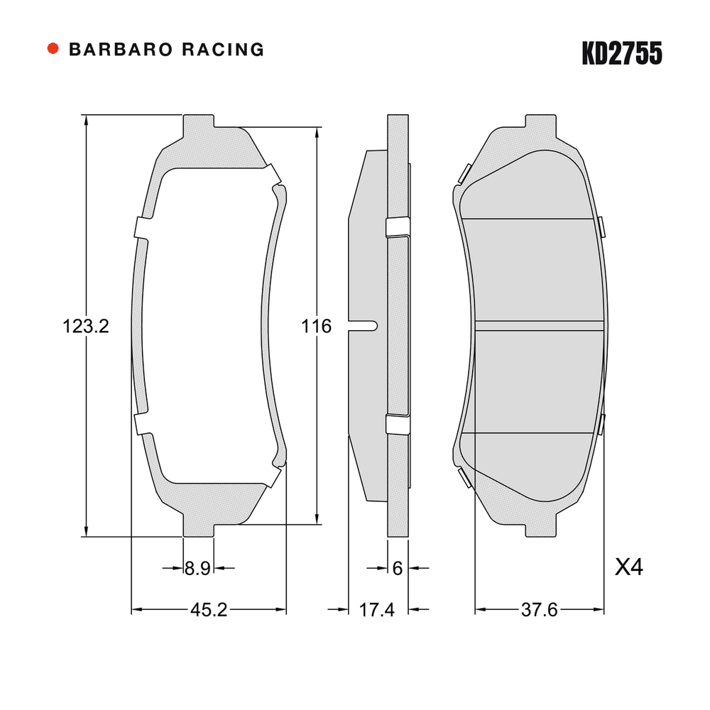Barbaro Racing KD2755 brake pad shape drawing - 123.2 x 45.1 x 17.4 mm