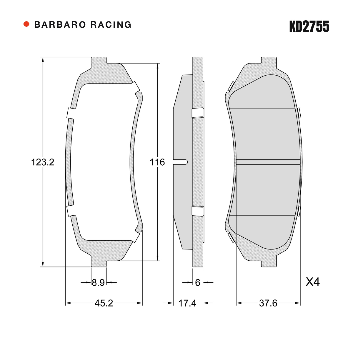 Barbaro Racing KD2755 brake pad shape drawing - 123.2 x 45.1 x 17.4 mm