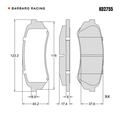 Barbaro Racing KD2755 brake pad shape drawing - 123.2 x 45.1 x 17.4 mm