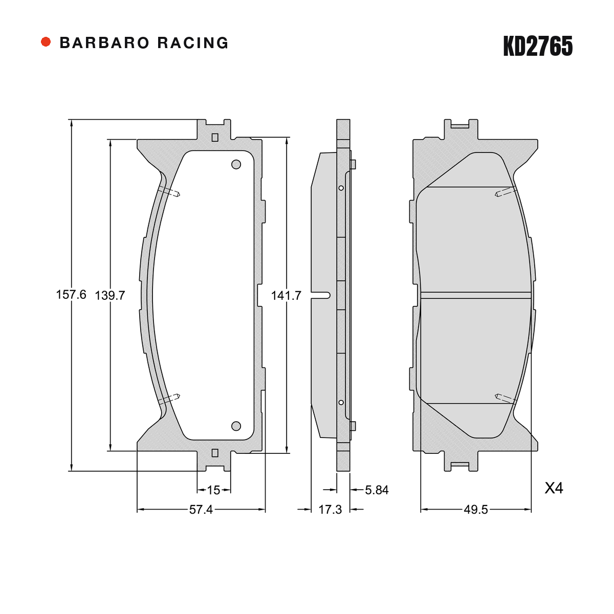 Barbaro Racing KD2765 brake pad shape drawing - 157.6 x 57.3 x 17.3 mm