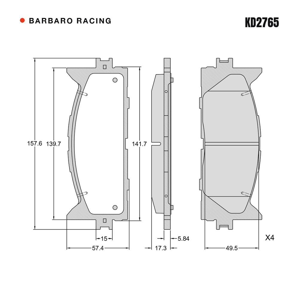 Barbaro Racing KD2765 brake pad shape drawing - 157.6 x 57.3 x 17.3 mm