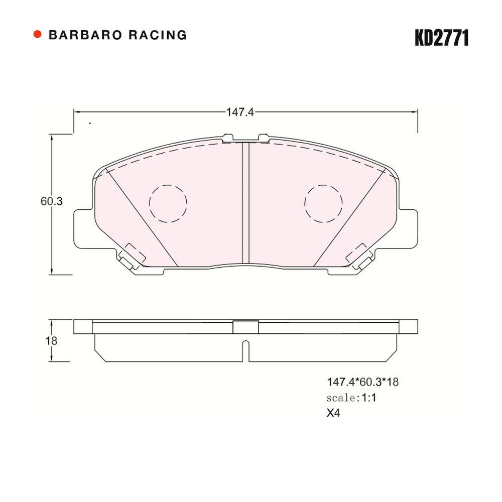 Barbaro Racing KD2771 brake pad shape drawing - 147.4 x 60.3 x 18 mm