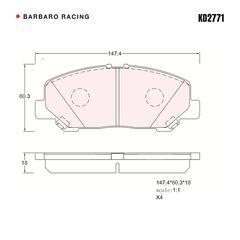 Barbaro Racing KD2771 brake pad shape drawing - 147.4 x 60.3 x 18 mm