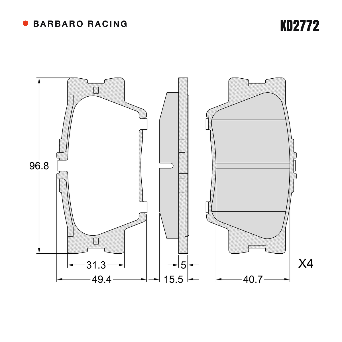 Barbaro Racing KD2772 brake pad shape drawing - 96.8 x 49.5 x 15.5 mm