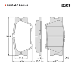 Barbaro Racing KD2772 brake pad shape drawing - 96.8 x 49.5 x 15.5 mm