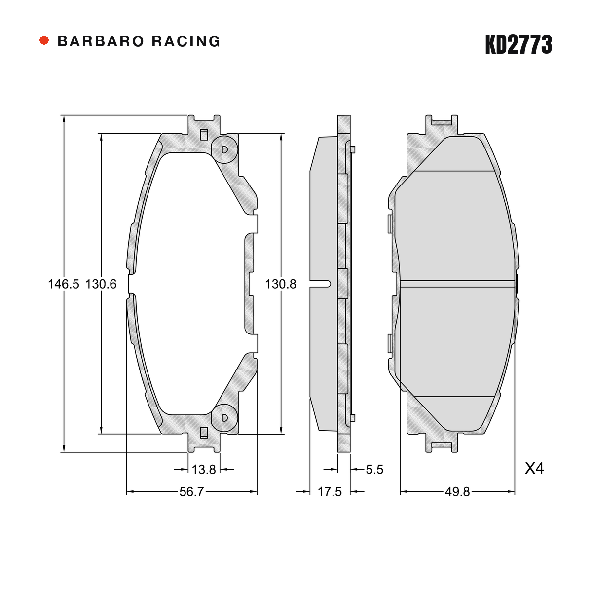 Barbaro Racing KD2773 brake pad shape drawing - 146.5 x 56.7 x 17.5 mm
