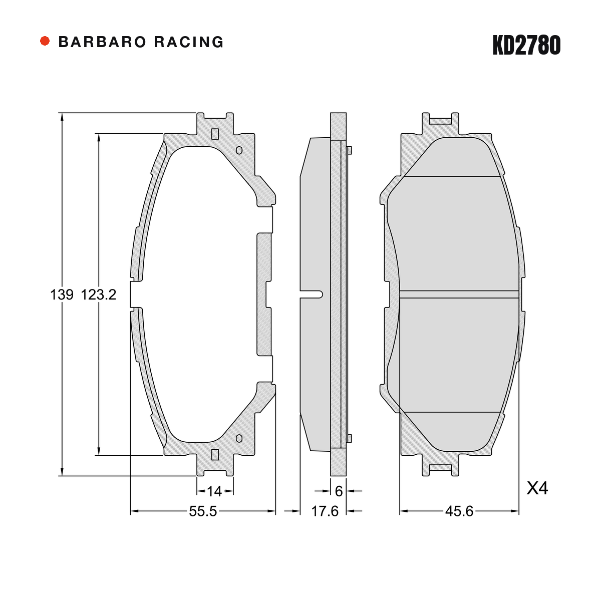 Barbaro Racing KD2780 brake pad shape drawing - 139 x 55.5 x 17.6 mm