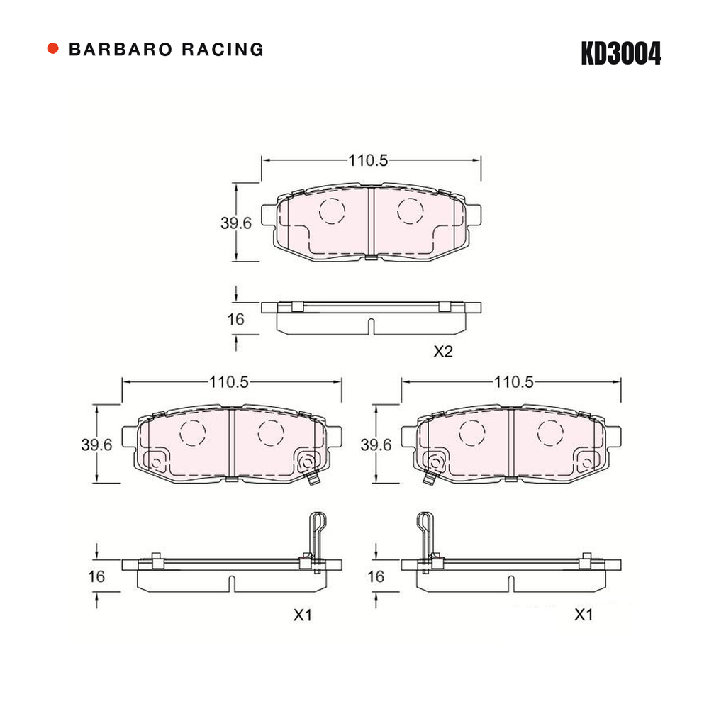 Barbaro Racing KD3004 brake pad shape drawing - 110.6 x 39.6 x 16 mm