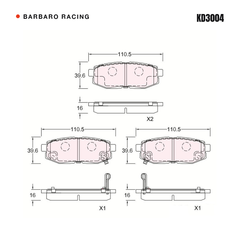 Barbaro Racing KD3004 brake pad shape drawing - 110.6 x 39.6 x 16 mm