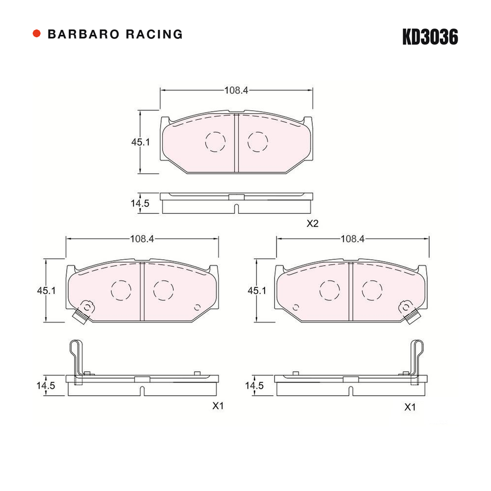 Barbaro Racing KD3036 brake pad shape drawing - 108.4 x 45.1 x 14.5 mm