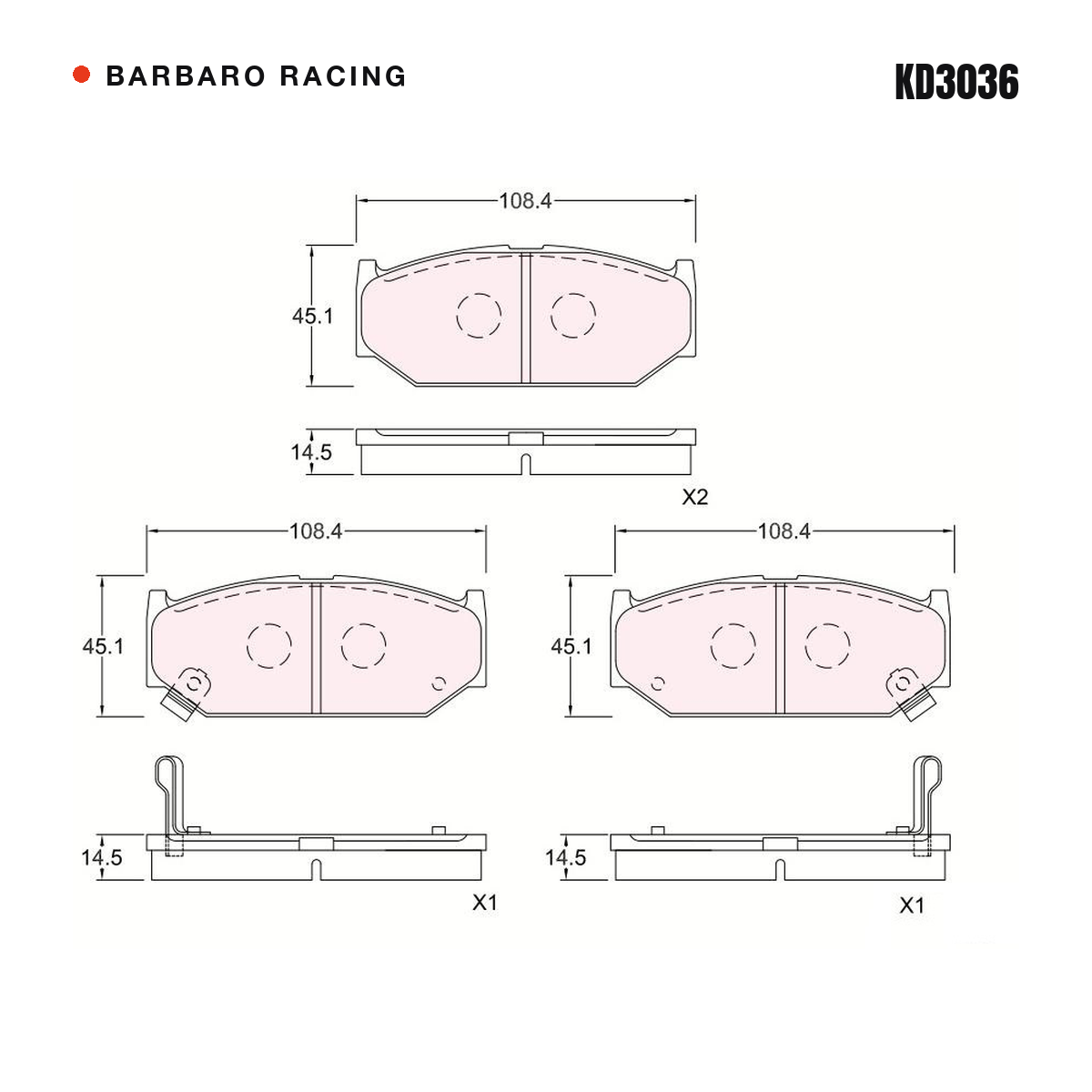 Barbaro Racing KD3036 brake pad shape drawing - 108.4 x 45.1 x 14.5 mm