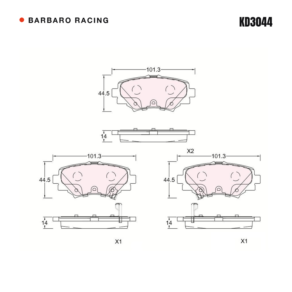 Barbaro Racing KD3044 brake pad shape drawing - 101.3 x 44.5 x 14 mm